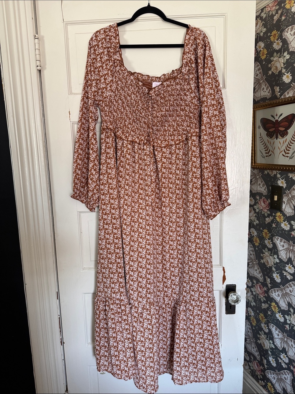 Pink Lily Rust Floral Smocked Long Sleeve Maxi Dress